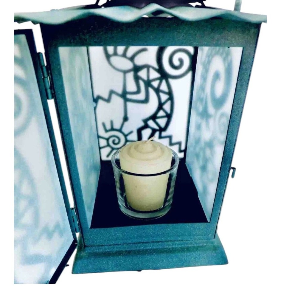 PartyLite Kokopelli Gecko Teal Metal Lantern Southwestern Candle Holder Vintage - Picture 10 of 12
